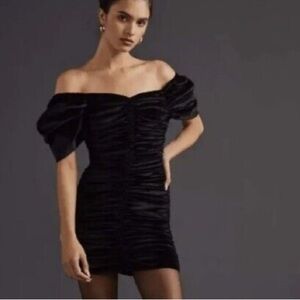 NWT Anthropologie Hutch Black Velvet Ruched Puff Sleeve Mini Dress size 10